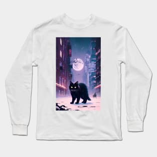 Black yule Cat at night 3 Long Sleeve T-Shirt